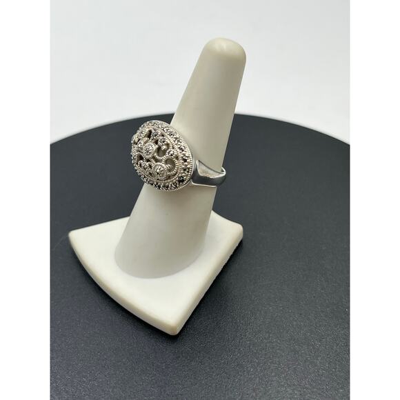 TJ 925 G Signed Designer Oval Sterling Silver Oval Filigree Ring Sz 7.5 - Picture 6 of 12